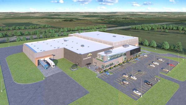 Aerial view rendering of blanking facility with parking lot.