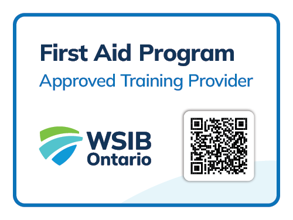 Image states First Aid Program Approved Training Provider with WSIB logo and QR Code to embedded link