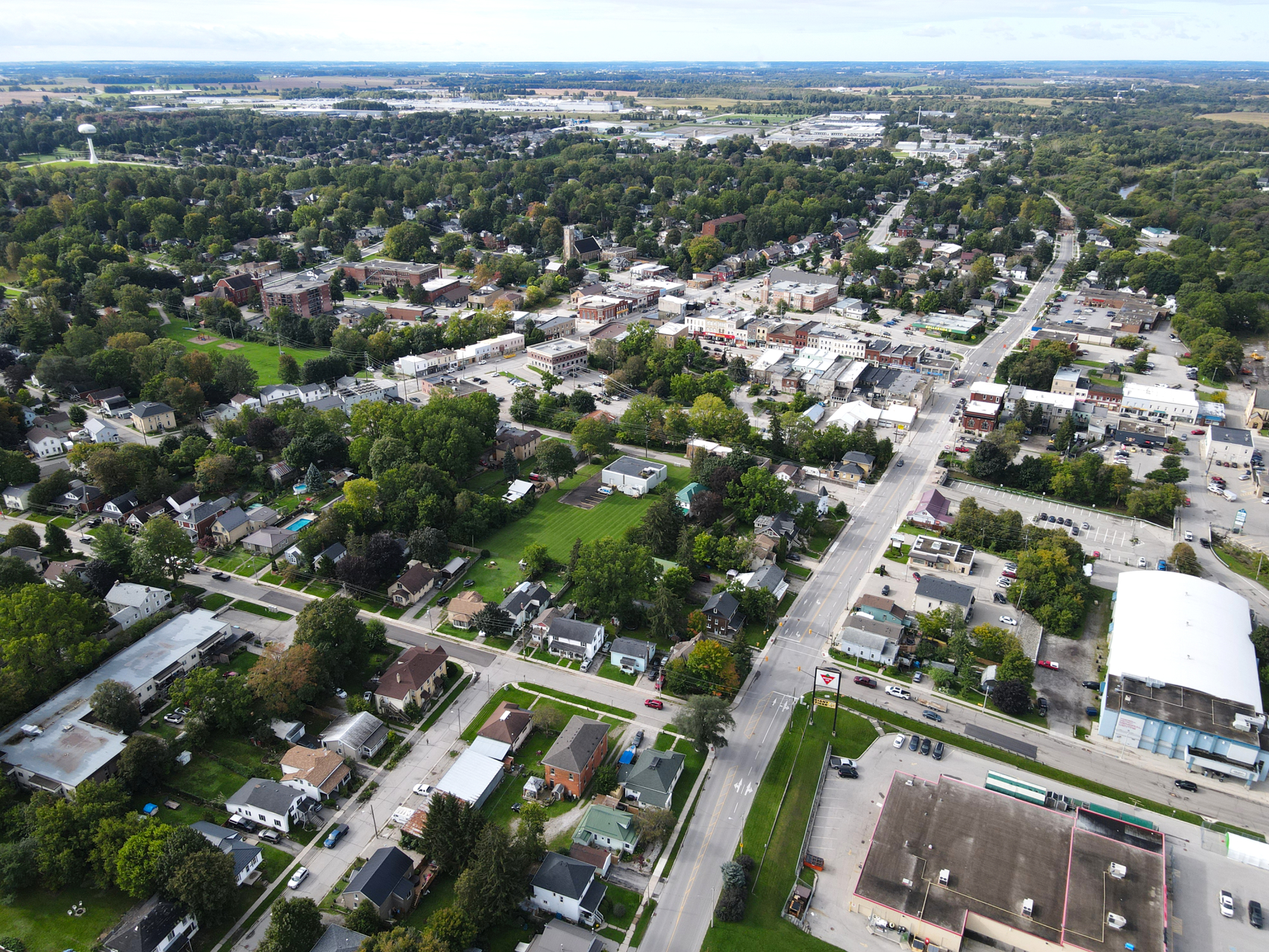 Aerial, North East view of Town of Ingersoll, Downtown